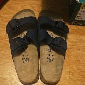 Birkenstock Arizona Navy Nubuck Leather 2-Strap Sandals